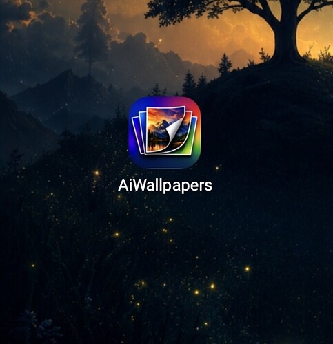 A glowing app icon labeled 'AiWallpapers' is displayed against a dark, mystical forest background with a tree silhouette and sparkling lights. (Captioned by AI)