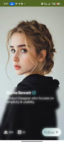 A profile screen showing a portrait of Sophie Bennett, a product designer focused on simplicity and usability, along with her follower count and options to follow her. (Captioned by AI)