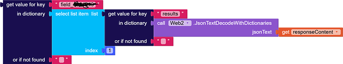 A block-based coding snippet that retrieves a value from a dictionary, decodes JSON text, and selects a list item by index, with some parts redacted. (Captioned by AI)
