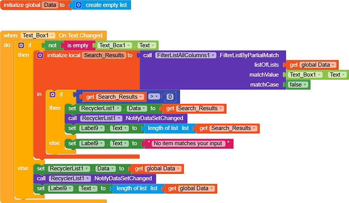 A visual programming code block for a text input event that filters and updates a list based on the text entered in a search box. (Captioned by AI)