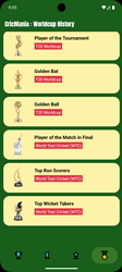 A mobile app screen showing the 'Worldcup History' with various awards like Player of the Tournament, Golden Bat, Golden Ball, Player of the Match in Final, Top Run Scorers, and Top Wicket Takers for the 1975 and 1979 Worldcups, each accompanied by cartoon cricket player illustrations and a microphone icon. (Captioned by AI)