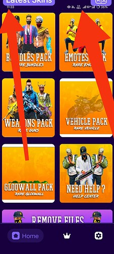 The image shows a mobile app screen with various downloadable content packs including skins, emotes, weapon packs, vehicle packs, and a glowwall pack, each represented by colorful icons and text. (Captioned by AI)