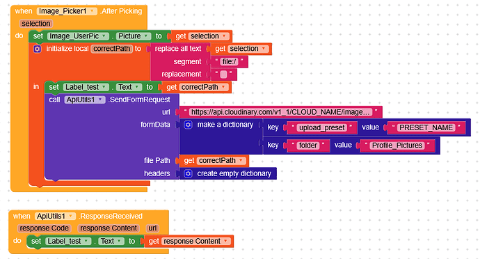 A visual programming interface code snippet that selects an image, modifies its file path, and sends it via an API request while updating UI elements based on the response. (Captioned by AI)