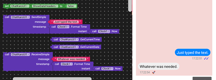 A screenshot shows a block-based programming interface on the left for sending and receiving chat messages with timestamps, and a chat interface on the right displaying the sent message "Just typed the text." and the received message "Whatever was needed.". (Captioned by AI)