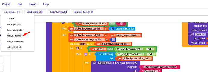 A screenshot of a software development interface showing a dropdown menu with project screen options and a colourful block-based programming workspace. (Captioned by AI)
