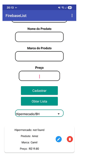 A mobile app interface for FirebaseList allows users to input product details such as name, brand, and price, with options to register, get a list, select a supermarket, and displays a product entry with edit and delete icons. (Captioned by AI)