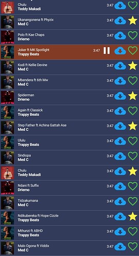 A Spotify playlist displaying multiple songs by Teddy Misdad, including tracks titled 'Gayanorupa-O-Pokya Mac-01,' 'Baby Dubsun Desire,' and 'Sending,' with play and pause icons shown next to some tracks. (Captioned by AI)
