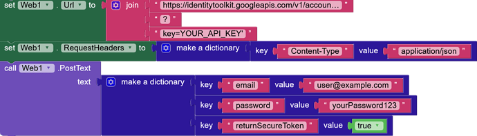 The image shows a code block configuring a Web1 component to send a POST request with headers and JSON data for an API authentication call, including email, password, and a secure token request. (Captioned by AI)