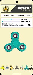 The image shows a digital fidget spinner simulation interface with controls for spin lines, speed, and friction, along with a teal and blue fidget spinner graphic. (Captioned by AI)