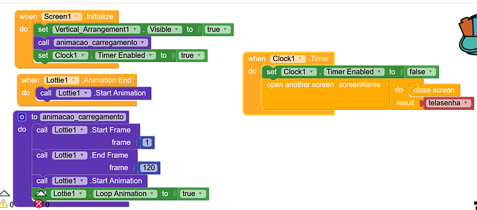 A screenshot of a block-based programming interface showing code sections for screen initialisation, animation control using Lottie, and a timer event to open another screen and close the current one. (Captioned by AI)