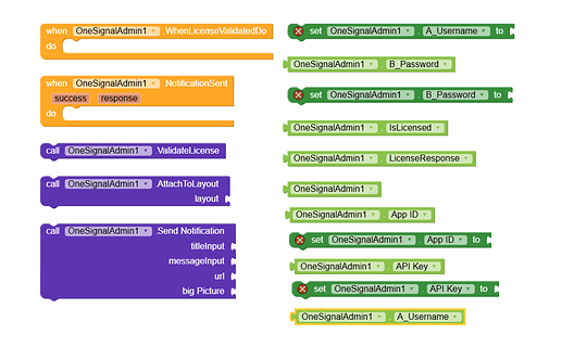 A visual programming interface displaying blocks related to OneSignalAdmin1 for license validation, notification sending, and setting API keys and usernames. (Captioned by AI)