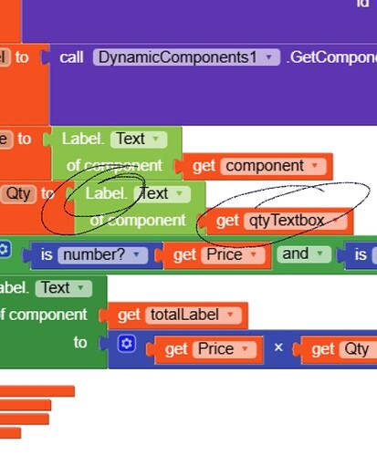 A screenshot of a block-based programming interface showing labelled code blocks related to dynamic components, labels, and calculations with price and quantity values. (Captioned by AI)