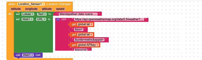 This image shows a block-based programming script that triggers a weather data fetch from the OpenWeatherMap API when the device's location changes. (Captioned by AI)
