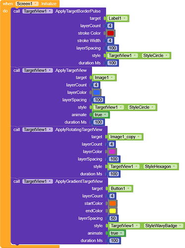 A block of code applying various visual effects such as border pulse, target view, rotating target view, and gradient target view to UI elements with different styles, colors, and animation settings on screen initialization. (Captioned by AI)
