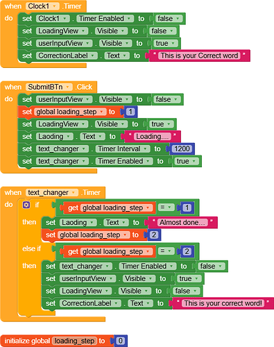 This image shows a block-based programming interface where event-driven code manages visibility and text updates for a user input view, loading view, and correction label based on timer intervals and button clicks. (Captioned by AI)