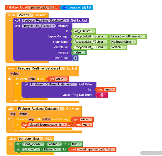 A block-based programming interface code snippet that initializes a global list, retrieves data from Firebase Realtime Database, populates a RecyclerListView, and updates UI elements based on button clicks. (Captioned by AI)