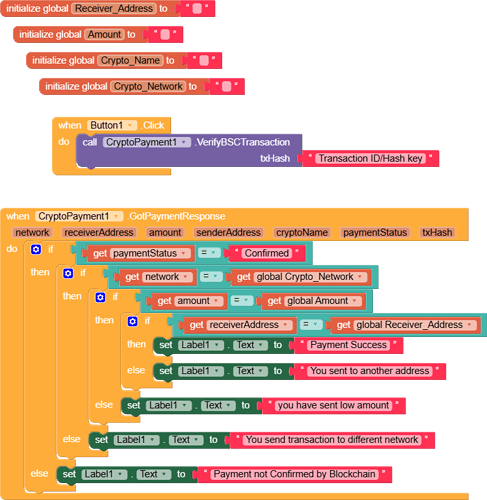 This image shows a block-based programming interface with a code script designed to handle cryptocurrency payment transactions, including confirming payments, checking networks, and updating text labels based on transaction status. (Captioned by AI)