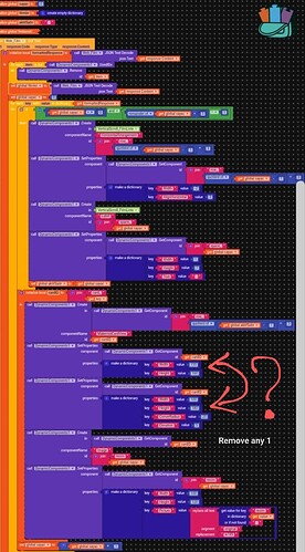 A detailed Scratch programming project with colorful blocks representing various functions and a note asking to 'Remove any 1' accompanied by red arrows. (Captioned by AI)