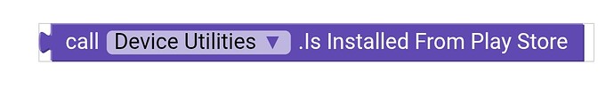 A block of code labeled "call Device Utilities .Is Installed From Play Store" in a visual programming interface. (Captioned by AI)