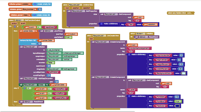 A colourful block-based visual programming interface showing code snippets related to initializing global variables, handling events, and working with RecyclerList components in an app development environment. (Captioned by AI)