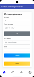 A mobile app screen displaying a currency converter with fields for amount, from currency, to currency, and date, along with Convert and Clear buttons. (Captioned by AI)