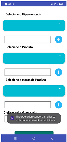 A mobile app interface in Portuguese prompting the user to select a hypermarket, product, product brand, and enter the product's value, with dropdown menus and input fields visible. (Captioned by AI)