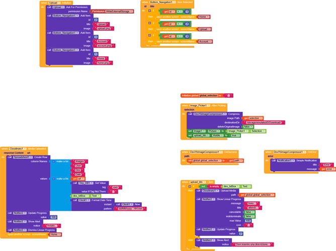 The image shows several colourful blocks of visual programming code arranged in a disorganised manner on a white background. (Captioned by AI)