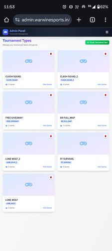 A dashboard interface from admin.warningesports.in displaying various tournament types such as Clash Squad, Free Giveaway, and Line Wolf with options to create tournaments and view teams. (Captioned by AI)