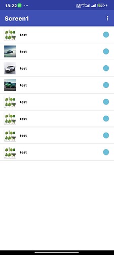 A mobile app screen displays a list labeled 'Screen1' with multiple rows, each containing the word 'test', small icons on the left, and blue information icons on the right. (Captioned by AI)