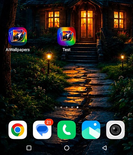 A nighttime smartphone home screen with a scenic path leading to a warmly lit cabin surrounded by trees as the wallpaper, featuring app icons for Google Chrome, messaging, phone, gallery, and camera with two additional app folders labeled 'AlWallpapers' and 'Test'. (Captioned by AI)