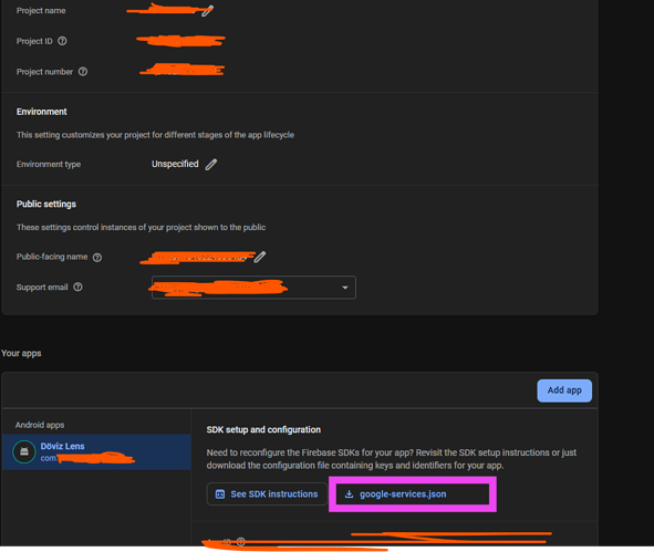 A screenshot of a project settings page with options for environment type, public settings, and an Android app configuration section highlighting the 'google-services.json' file. (Captioned by AI)