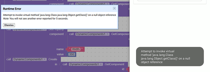 A runtime error message indicating an attempt to invoke the method 'java.lang.Class java.lang.Object.getClass()' on a null object reference is displayed over a programming interface with code blocks. (Captioned by AI)