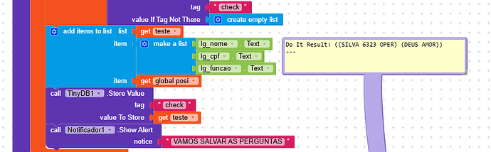 A visual programming interface showing blocks of code for adding items to a list, storing values, and displaying an alert with a message in Portuguese. (Captioned by AI)
