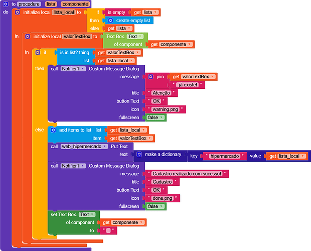 The image shows a colourful block-based programming interface with nested logic blocks for initialising, checking, and updating text box values, displaying custom message dialogs and adding items to a list. (Captioned by AI)