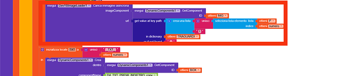A colorful block-based programming interface showing code segments with various commands and labels in Italian, including image loading and list selection operations. (Captioned by AI)