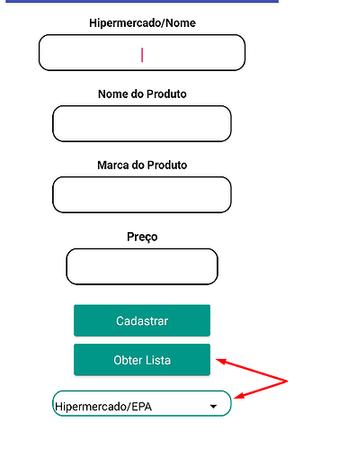 A form interface in Portuguese for registering product details including supermarket name, product name, brand, and price, with buttons to register and obtain a list, and a dropdown menu for supermarket selection. (Captioned by AI)