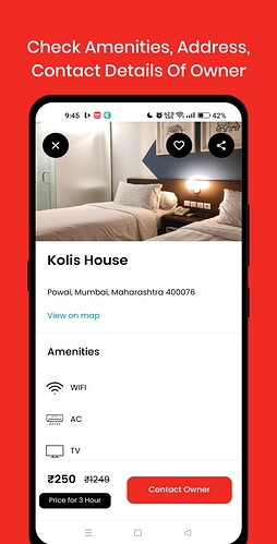 A mobile app screen displaying rental details for a property named Kolis House in Mumbai, including address, amenities like WiFi and AC, pricing, and a contact owner button. (Captioned by AI)