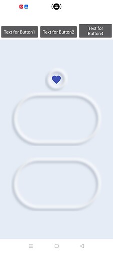 A mobile interface screen displaying three buttons labeled 'Text for Button1', 'Text for Button2', and 'Text For Button3', along with two oval-shaped switches with one containing a blue heart icon. (Captioned by AI)