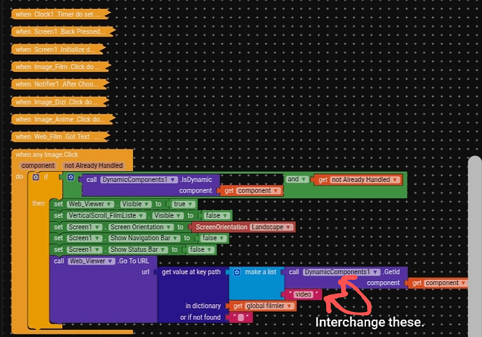 A screenshot of a block-based programming interface showing event handlers and conditionals for managing screen orientation, visibility, and video playback in an app, with an annotation indicating to interchange two highlighted blocks. (Captioned by AI)