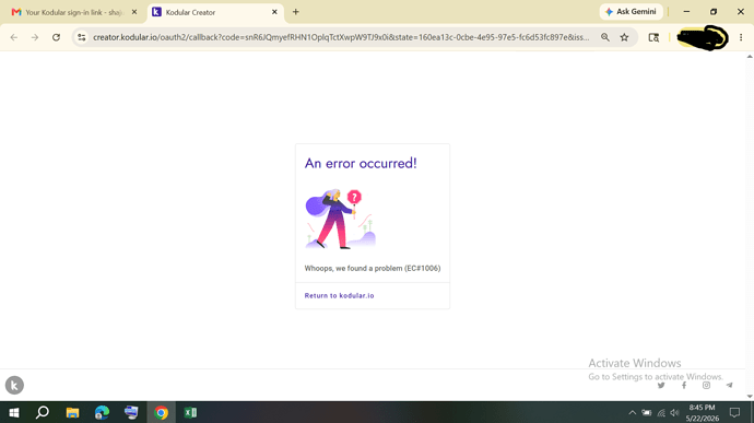 A web browser window displays an error message stating 'An error occurred!' with a small illustration of a person and a broken connection icon, along with a link to refresh the page or try again later. (Captioned by AI)