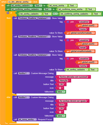 A visual programming code snippet for updating a password in a Firebase Realtime Database with validation and success or error notification dialogs. (Captioned by AI)