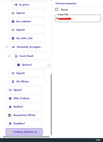 A screenshot of a software development interface showing a component tree with various UI elements and a properties panel focused on the 'Firebase_Realtime_Database1' component with a partially redacted project path. (Captioned by AI)
