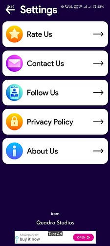 A mobile app settings screen featuring options for Rate Us, Contact Us, Follow Us, Privacy Policy, and About Us, with icons and a purple background. (Captioned by AI)