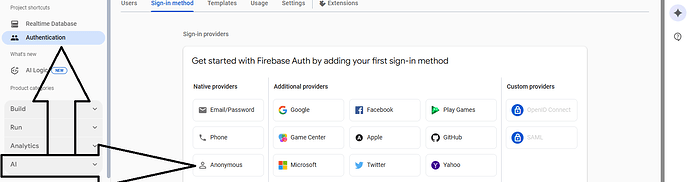 A screenshot of the Firebase Authentication setup page showing various sign-in providers including Email/Password, Google, Facebook, Play Games, Phone, Anonymous, Apple, GitHub, Microsoft, Twitter, and Yahoo, with some custom providers like OpenID Connect and SAML. (Captioned by AI)
