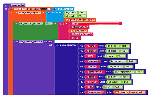 The image shows a colourful block-based programming interface with code designed to create a dictionary of user details and send it to a web service endpoint. (Captioned by AI)
