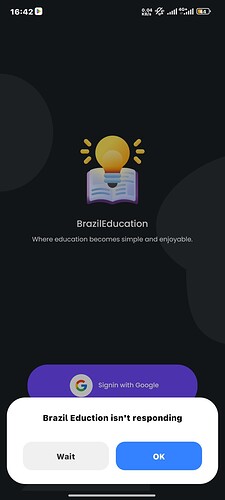 A mobile app screen showing the Brazil Education login page with a motivational quote, but displaying an error message stating "Brazil Education isn't responding" with options to "Wait" or "OK." (Captioned by AI)