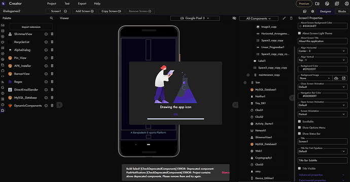 A user interface design software screen displays a mobile app prototype with a pop-up message showing an animation of a person drawing on a large screen. (Captioned by AI)