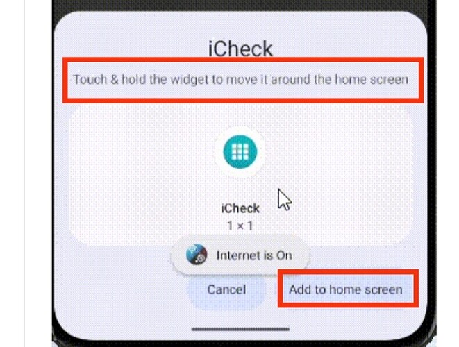 The image shows a mobile interface for adding the iCheck widget to the home screen with instructions to touch and hold the widget to move it. (Captioned by AI)