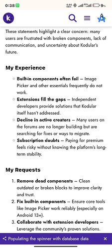 The image is a screenshot of a webpage discussing issues with the Kodi platform, including broken components, user frustrations, and user requests for improved quality control and content availability. (Captioned by AI)