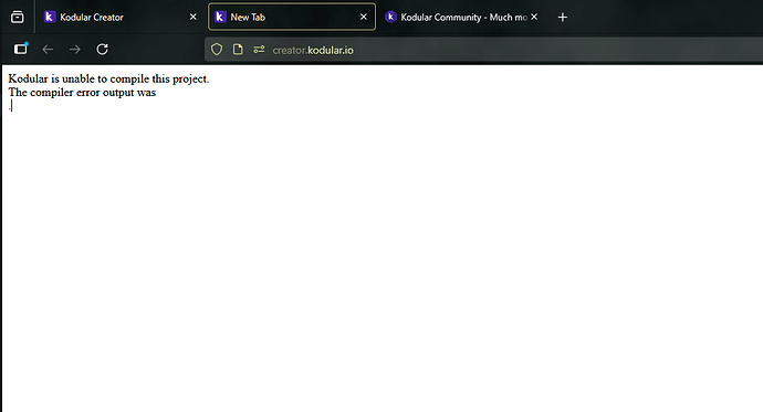 A web page on Kodular Creator shows an error message stating that Kodular is unable to compile the project and displays a blank compiler error output. (Captioned by AI)